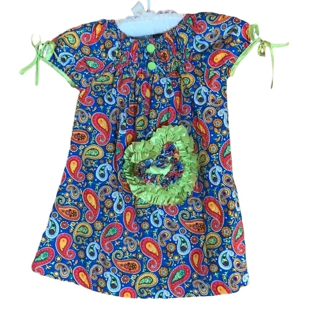 Lele Vintage paisley print & green ribbon dress Size 2T